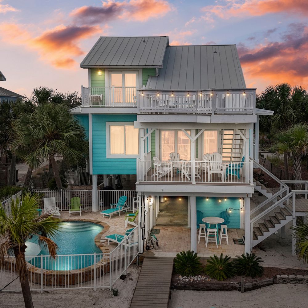 Beautiful beach house at sunset
