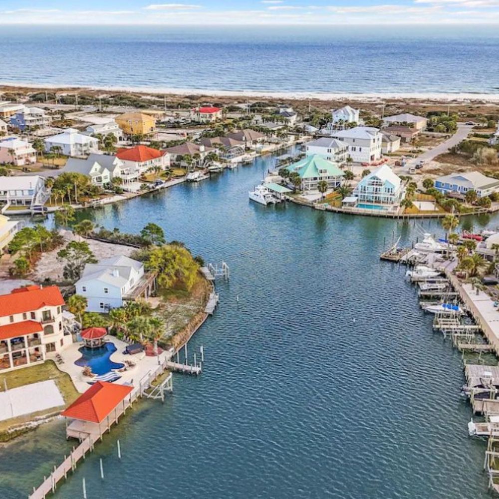 Aerial view of Perdido Key waterfront homes